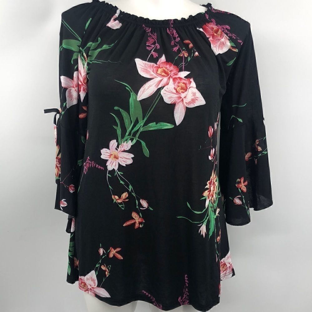 Lilly large extra large black floral bell sleeve blouse